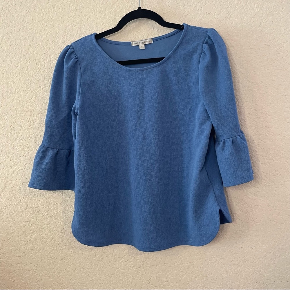 Green Envelope Blue Bell Sleeve Blouse | M